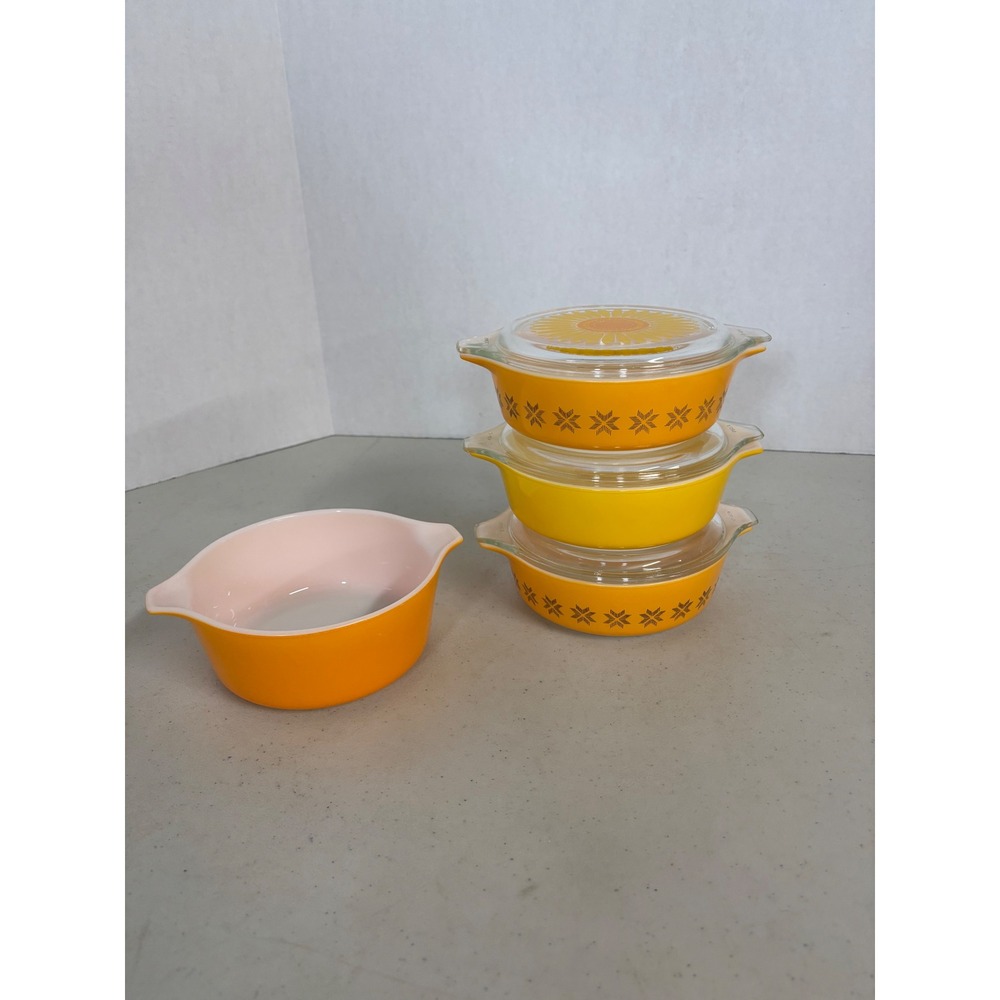 Vintage Pyrex Town and Country‎ Sunflower Casserole Set Yellow Orange 4 Pieces